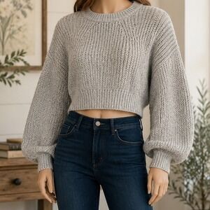 BP Womens Sweater Gray Ribbed Knit Cropped Crew Neck Long Sleeve XS